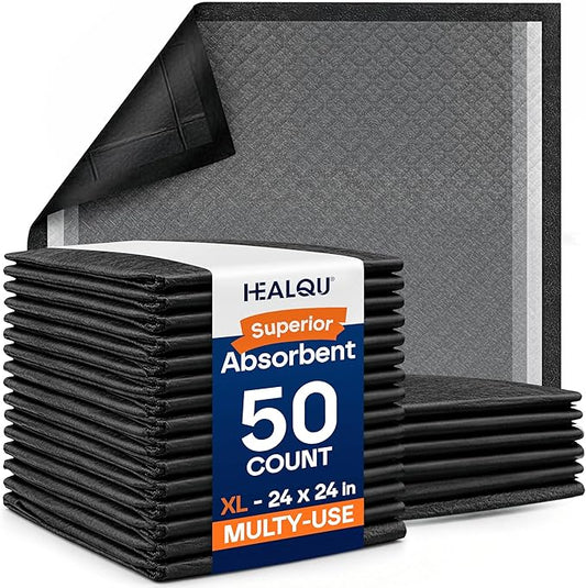 Healqu Puppy Pads - 24x24 50 Count Dog Training Pad Black Charcoal, Activated Carbon & Advanced Leakproof Technology - Ultra Absorbent, Puppy Pee Pads - Dogs, Puppies, & Cats, Pet Training Pads
