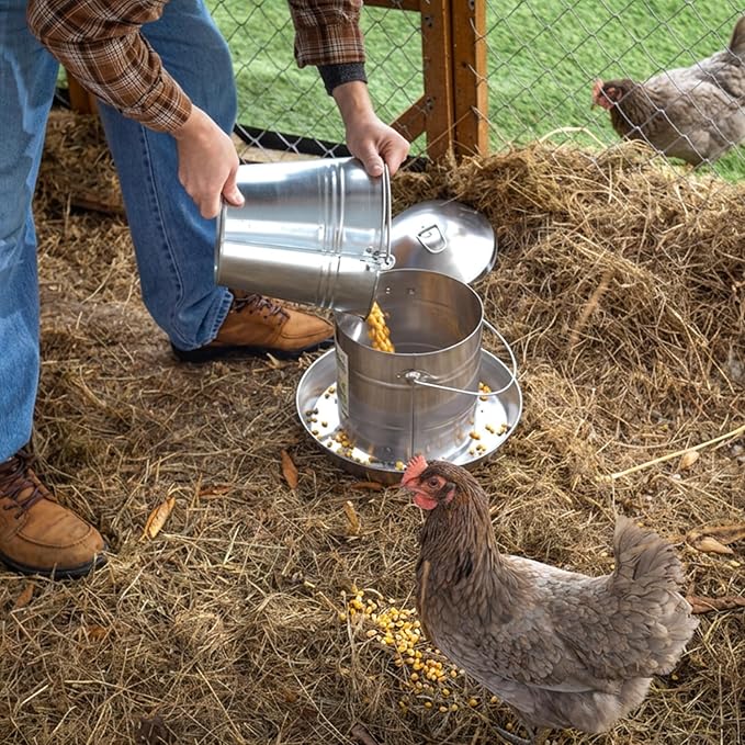 Plexon 17.6 Lb Stainless Steel Hanging Chicken Feeder no Waste Food-Grade Large - Turkey Duck Poultry Feeder for Chicken Metal - Heavy Duty Reliable Long-Lasting with Handle