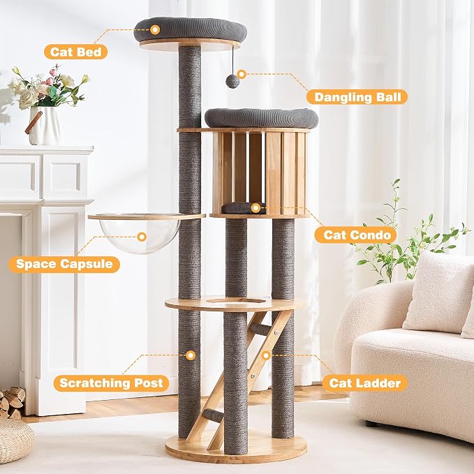 HITTITE Solid Wood Cat Tree Tower with Scratching Post, 61 Inches Tall Cat Towers with Capsule and Condo, Modern Cat Tower with Hammock and Removable Top Bed for Indoor Cats.Grey