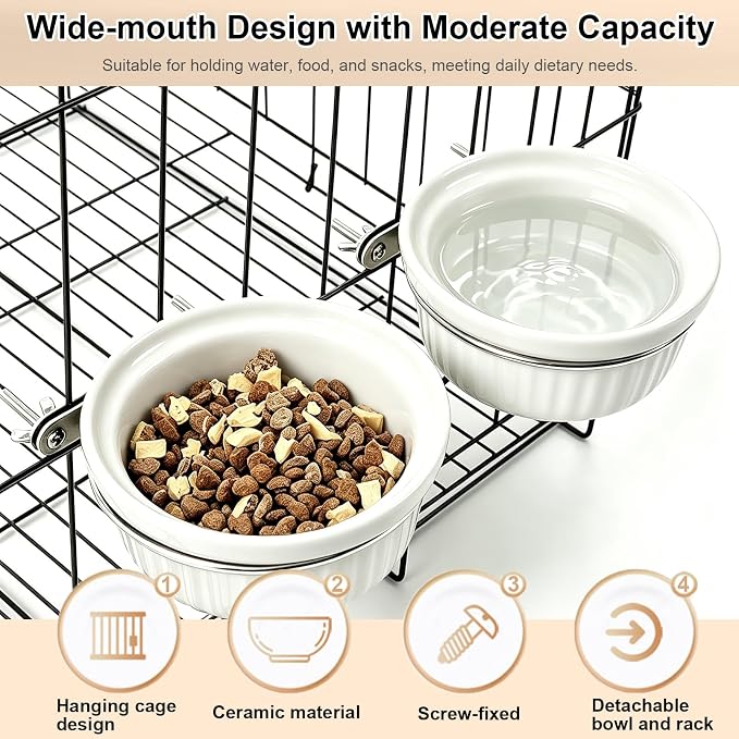 Rabbit Hanging Ceramic Bowl, Removable Cage Feeder Thick Ceramic Bowl with Stainless Steel Support Pet Water Food Bowl for Small Animal Chinchilla Ferret Guinea Pig Cat (4.92 * 1.97”) (White-2 Pack)