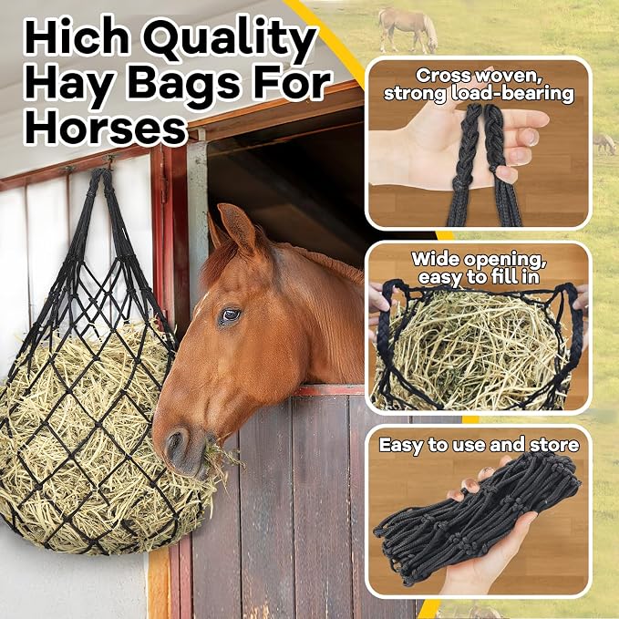 YedsIntu 3 Pcs Hay Bags for Horses, Hay Nets for Horses Goat Sheep,Goat Hay Feeder for Slower Feeding,Strong Load-Bearing Hay Bag Hanging for Horse Stable Trailer (Black)