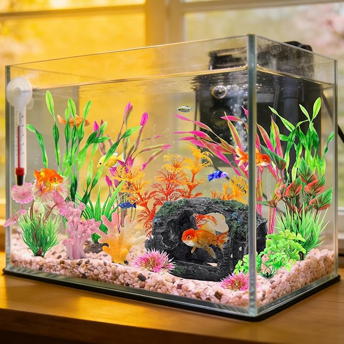 QUOZUO Broken Barrel Fish Tank Decor, 16pcs Fish Tank Accessories Artificial Plants Aquarium Ornaments for Fish Cave Hide - Resin Barrel x1pcs, Coral x2pcs, Aquarium Plastic Plants x13pcs