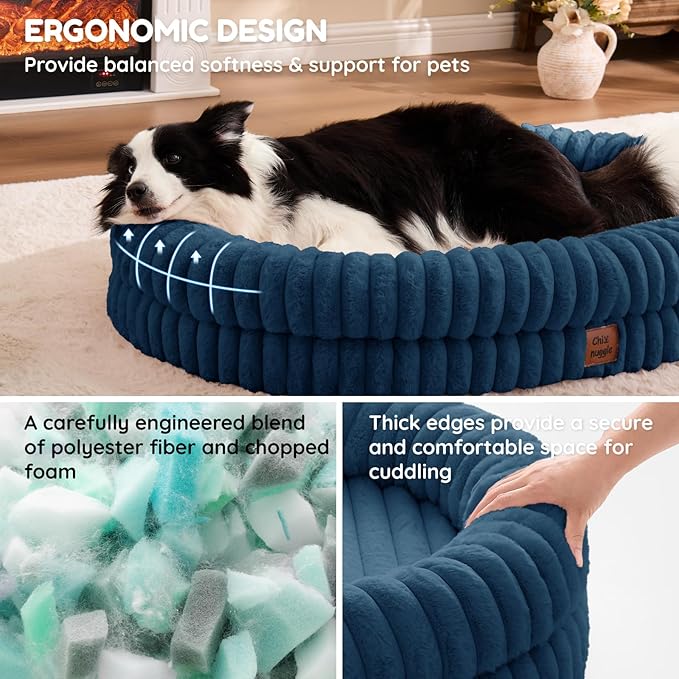 ChiXnuggle Dog Bed Large Sized Dog - Luxury Striped Faux Fur Waterproof Pet Couch with Removable Washable Cover, Orthopedic Pet Bed with Bolster Sides for Sleeping, Midnight Blue