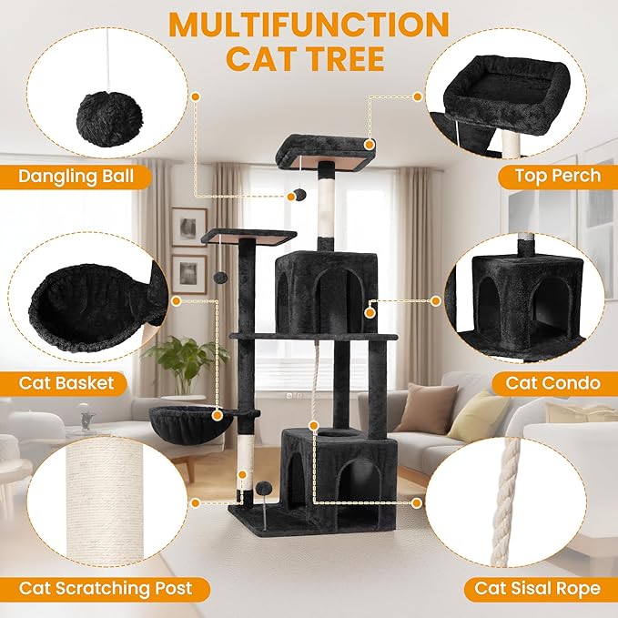 54-Inch Cat Tree Tower with 2 Caves & 2 Pompoms - Multi-Level Tower for Indoor Cats, Soft Plush Condo with Scratching Posts - Sturdy Base for Large Cats(Black)