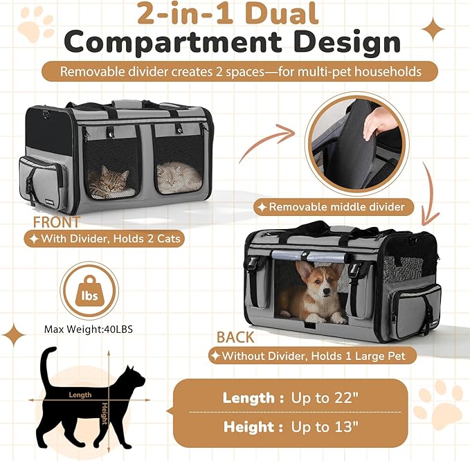 Expandable Extra Large Cat Carrier for 2 Cats, Double Cat Travel Carrier Bag with Litter Box, Foldable Breathable Soft Sided Pet Dog Carrier with Divider for Car Travel, Outdoor & Vet Visit