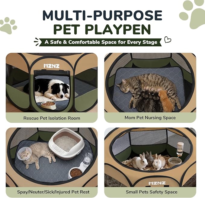 Dog Playpen with Pee Pad, Portable Puppy Pet Crate Indoors for Small/Medium/Large Dogs Cats Rabbits, Foldable Dog Cage Enclosure Outdoor, Pop Up Dogs Tent Kennel with Carrying Case, Olive Green