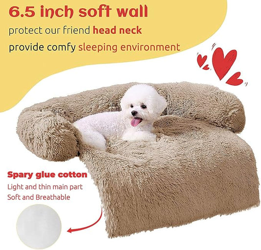 HACHIKITTY Calming Pet Sofa Bed Mat, Washable Fluffy Couch Cover for Dogs and Cats, Anti-Slip Bottom (40"x 38"x 6", Camel)