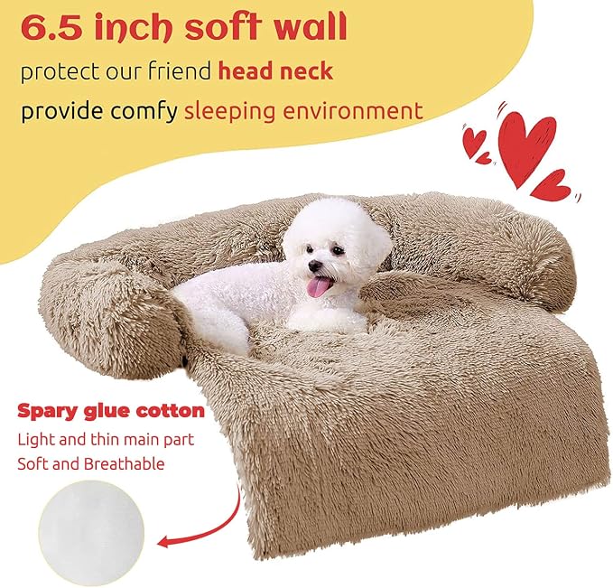 HACHIKITTY Calming Pet Sofa Bed Mat, Washable Fluffy Couch Cover for Dogs and Cats, Anti-Slip Bottom (30"x 27"x 6", Camel)