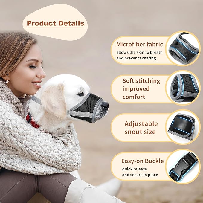 HEELE Dog Muzzle,Soft Nylon Muzzle Anti Biting Barking Chewing,Air Mesh Breathable Drinkable Adjustable Loop Pets Muzzle for Small Medium Large Dogs 4 Colors 4 Sizes (Gray, M)