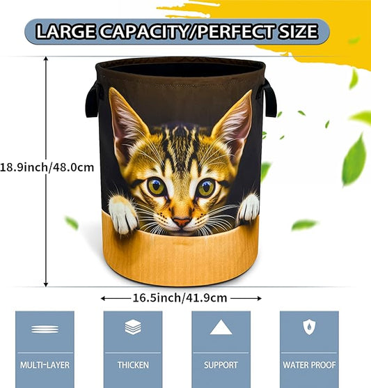 Cute Cat Laundry Basket Pet Animal Foldable Waterproof Oxford Cloth Funny Tote Bag Laundry Hamper Clothes Storage Bucket Toy Organizer For Bathroom/Laundry Storage/Bedroom 18.9x16.5 Inch