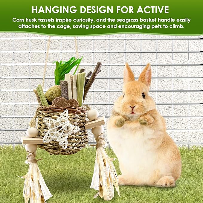 26Pcs Bunny Toys Basket for Small Pets, with 14Pcs Replacement Rabbit Toys for Bunnies Boredom Set Hanging Rodent Dental Toy with Papaya Stems Sweet Bamboo Hamsters, Chinchillas, Guinea Pigs