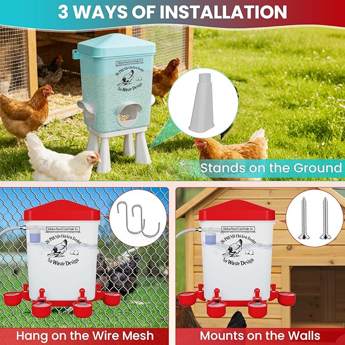 3 Gallon Automatic Chicken Feeder and Waterer Set with Float Valve, Chick Feeder Coop Poultry Waterer with Cups and Feeding Ports No Waste,Standing/Hanging Use, Chicken Coop Accessories