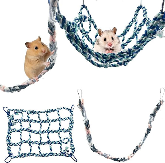 Rat Climbing Hammock for Cage Accessories, Rat Climbing Ropes and Hanging Swing Toys, Hamster Cotton Bridge Ladder Enrichment Toy, Mesh Net Platform for Parrot Bird Chinchilla Ferret (Hammock, Rope)