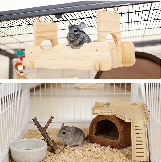 Chinchilla Suspension Bridge, Wooden Chinchilla ledges and Platforms, Small Animals Habitat Toy, Cage Accessories & Habitat Décor for Chinchillas, Hamster, Guinea Pig, Squirrel, Sugar Glider
