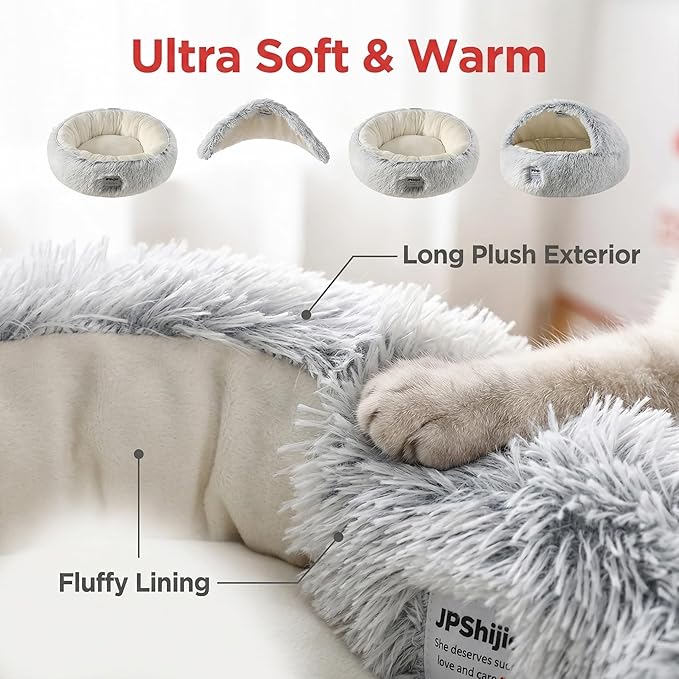 Hooded Dog Bed, Cat Cave Bed with Removable Hood, 2-in-1 Convertible Donut Cat Bed, All Season Fluffy Pet Bed for Cats Small Dogs (Cave Nest - Grey, Medium 19.7 Inches)