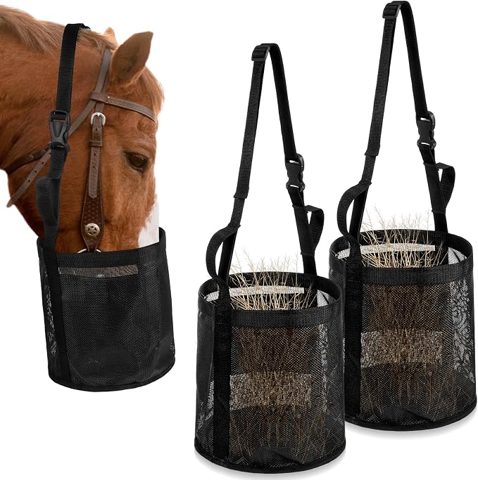 Lemecima 2 Pcs Horse Feed Bag Comfort Breathable Mesh Feed Bucket Heavy Duty Feed Bag with Adjustable Strap and Waterproof Bottom for Horse Feeding Supplies Muzzle Feed Bag, Medium (Black)