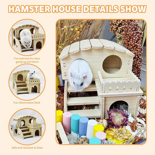 Tiny Hamster Maze Wood House - Fun Staircase House - Seesaw for Small Animals - Rat Mouse Hideouts Dwarf Gerbil Syrian Pet