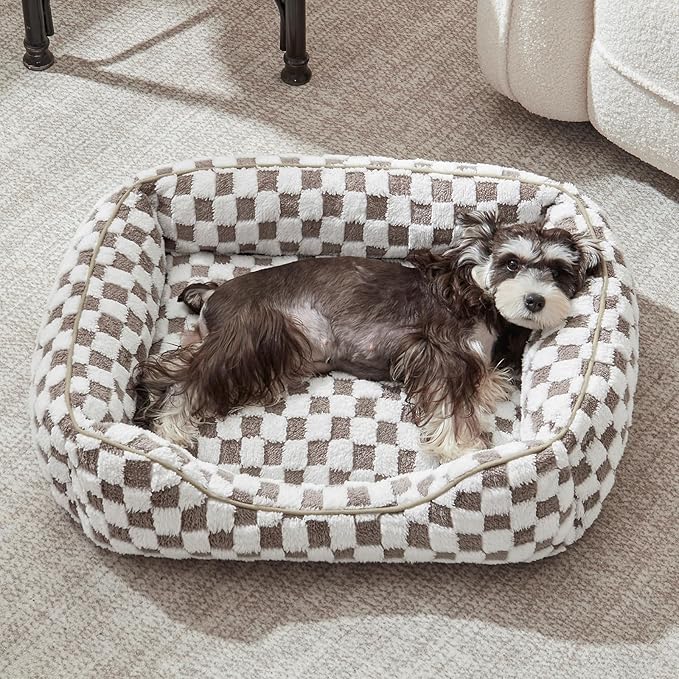 JOEJOY Dog Bed for Large Medium Small Dogs - Rectangle Orthopedic Dog Sofa Bed, Cute Modern Puppy Bed with Jacquard Shaggy Plush & Anti Slip Bottom, 30x24x9inches, Cofffee