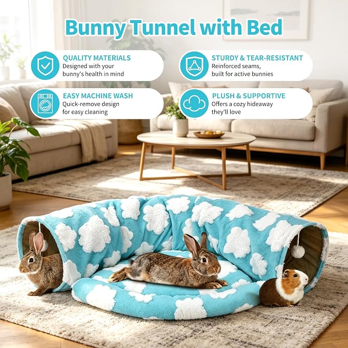 BWOGUE Bunny Tunnel Bed, 2-in-1 Collapsible Tunnel Tubes Toys with Removable Mat Hideout for Cats Kittens Rabbits Guinea Pigs Kitty (Clouds Blue)