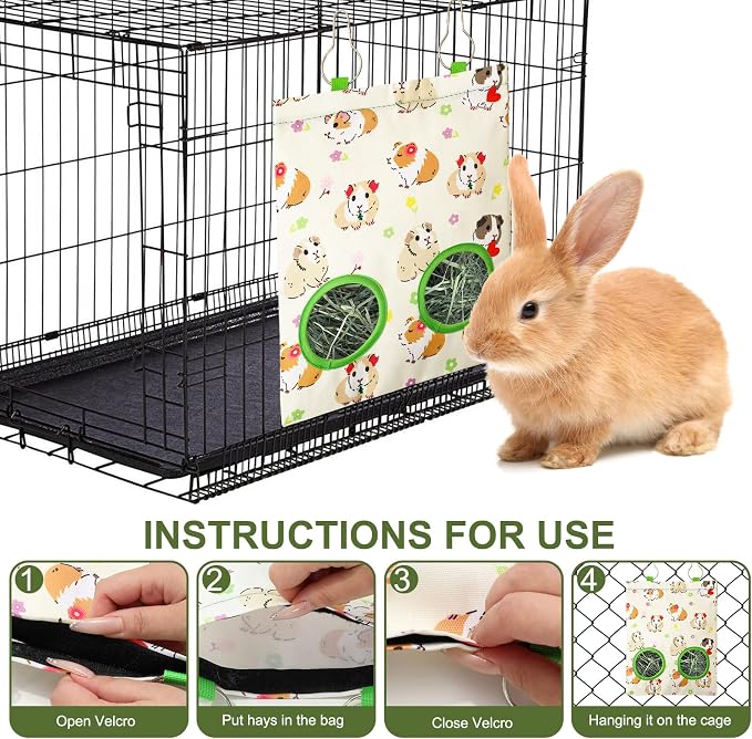 JarThenaAMCS 2 Pcs Guinea Pig Hay Feeder Bag with 2 Holes Hanging Hay Feeding Bag Beige Flower Floral Storage Dispenser for Chinchilla Hamster Bunny Small Animal Pet, 11.5 x 9 Inch