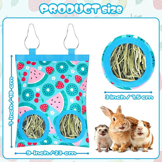 3 Pack Rabbits Hay Feeder Bag, 2 Holes Hanging Bunny Hay Feeder Guinea Pig Feeding Bag Storage Dispenser for Bunny Rabbits Chinchillas Hamsters Small Pets and Animals
