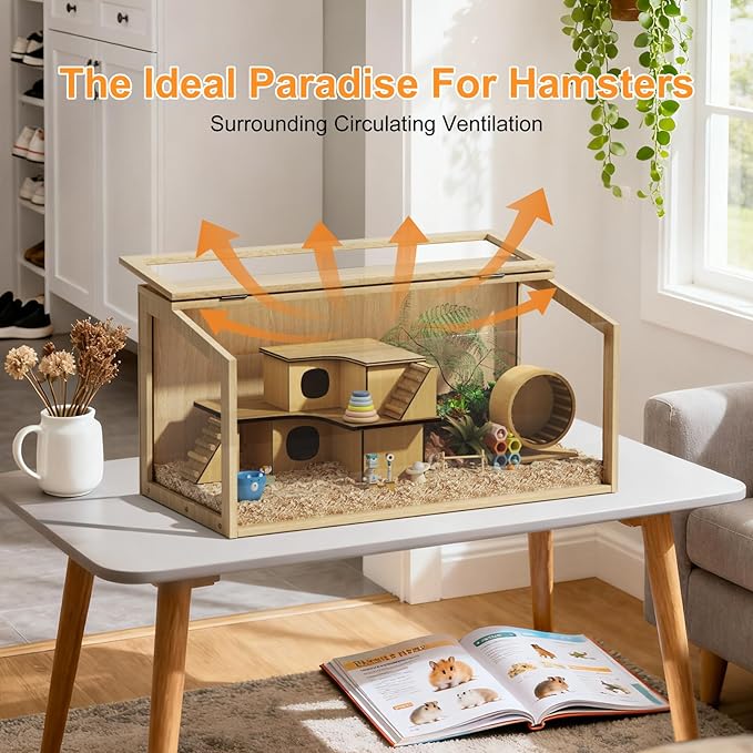 Hamster Cage: Wooden Small Animal Cage with Warm Light - 32Inch Large Clear Hamster House Chewy Proof with Openable Breathable Top