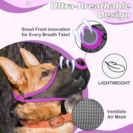 Dog Muzzle, Soft Air Mesh Muzzles for Small Sized Dogs, Breathable Dog Mussels for Scavenging Biting Licking & Barking,Adjustable Mouth Guard with Front Opening, Allows Panting and Drinking (Purple,M)