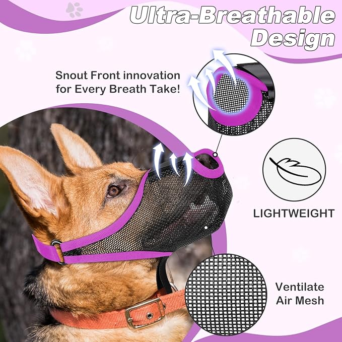 Dog Muzzle, Soft Air Mesh Muzzles for Large Sized Dogs, Breathable Dog Mussels for Scavenging Biting Licking & Barking, Adjustable Mouth Guard with Front Opening, Allows Panting & Drinking (Purple,L)