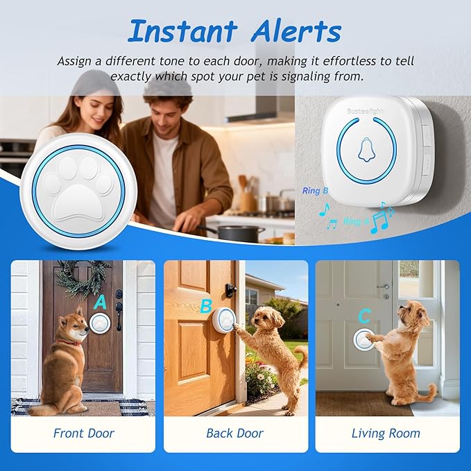 Soft Ring Dog Potty Bell for Training – Wht Wireless Dog Door Bell with 1000ft Range, LED Alert, 60 Tones, Waterproof Dog Bells to Go Outside – Bell for Dogs to Ring to Go Potty(2 Receivers & 1 Bell)