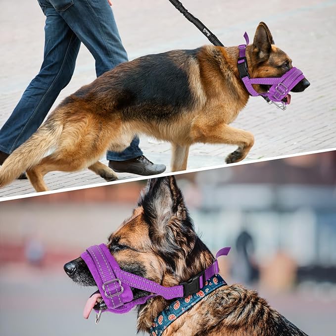 SlowTon Soft Dog Muzzle, Adjustable Padded Nylon Muzzle for Large Medium Dogs Anti Chewing Barking Biting, Allow Dog Pant & Drink (Purple, M)