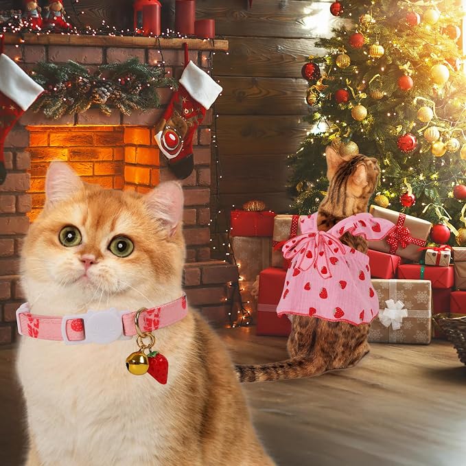 Strawberry Print Cotton Cat Dog Costumes with 2 Adjustable Collar with Bow, Kitten Outfits for Girl Cats, Pink White Pet Clothes for Small Dogs & Cats,S