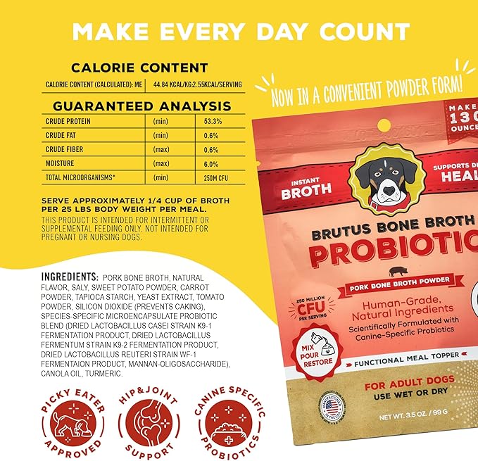 Brutus Broth Dog Food Topper - Instant Bone Broth Powder with Probiotics for Dogs’ Daily Digestive Health - Human-Grade Quality, Serve Dry or Wet - Pork Flavor, 3.5 oz (Pack of 1)