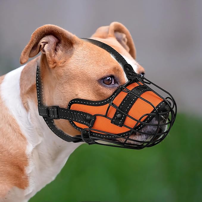 OOPSDOGGY Pitbull Dog Muzzle Reflective Metal Mask Secure Wire Basket Muzzles for Large Sized Dogs Amstaff Soft Cage to Prevent Biting Chewing with Adjustable Straps (Orange, Pitbull)