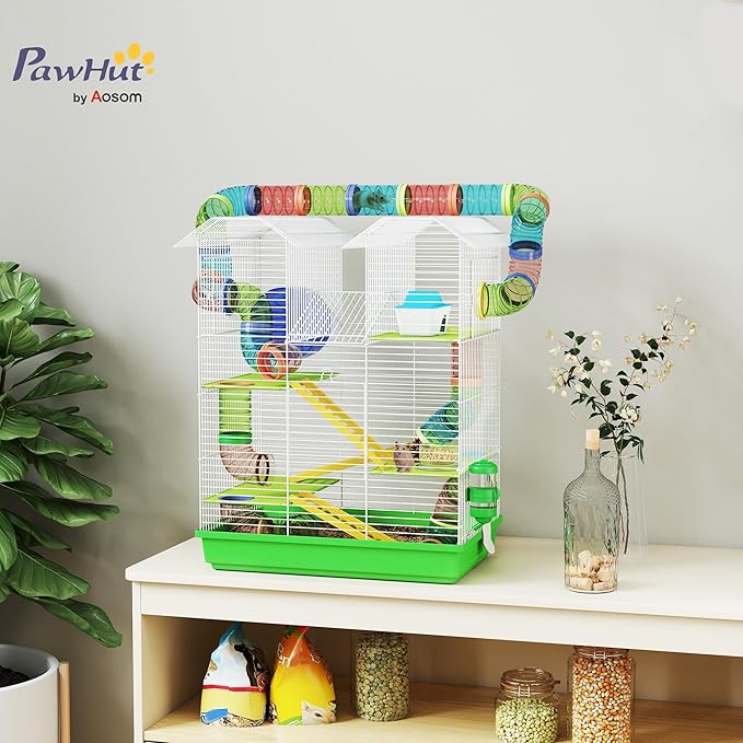PawHut 18.5" 5 Tier Hamster Cage with Tubes and Tunnels, Small Animal Cage, Rat Gerbil Cage with Water Bottle, Food Dish, Exercise Wheel, Green