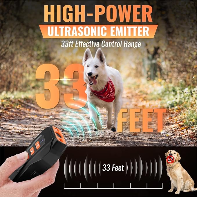Dog Bark Deterrent Ultrasonic Device | Within 33FT Range, Anti Barking Indoors & Outdoor, Flashlight, Rechargeable, Portable