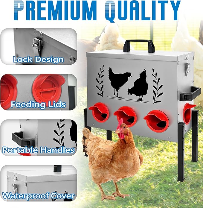 No Waste Automatic Chicken Feeder (50 LB), Rodent Resistant Metal Poultry Feeder with Locking Lid, Adjustable Stand & 8 Ports, Heavy Duty Weatherproof Feed Box for Hens, Ducks