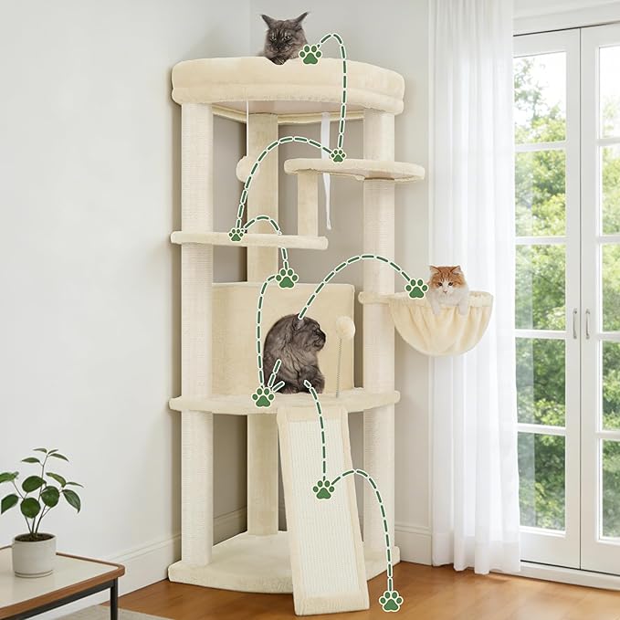 Gitelsnour Corner Cat Tree for Indoor Cats, Cat Tower with All Sisal Scratching Posts, Multi-Level Cat Condo wth Cat Cave, Large Top Perch, Hanging Basket, Sisal Scratching Ramp, Beige GCT025M