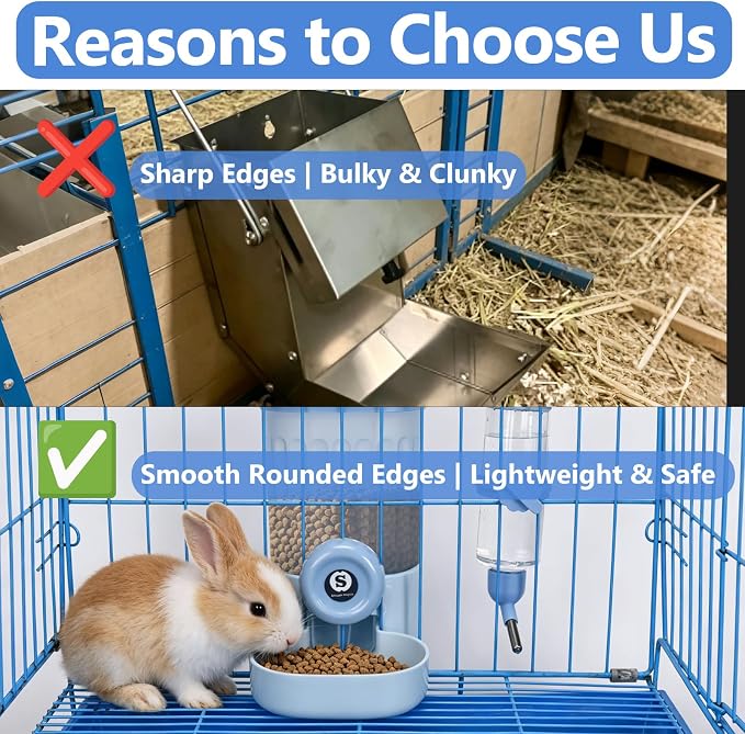 Sangle Sopffy Rabbit Feeder and Water Dispenser Set, Gravity Food Bowl with Water Bottle for Cage, Small Animal Feeding Station for Bunny, Guinea Pig, Chinchilla, Ferret, Hedgehog, Blue 2-Piece Set