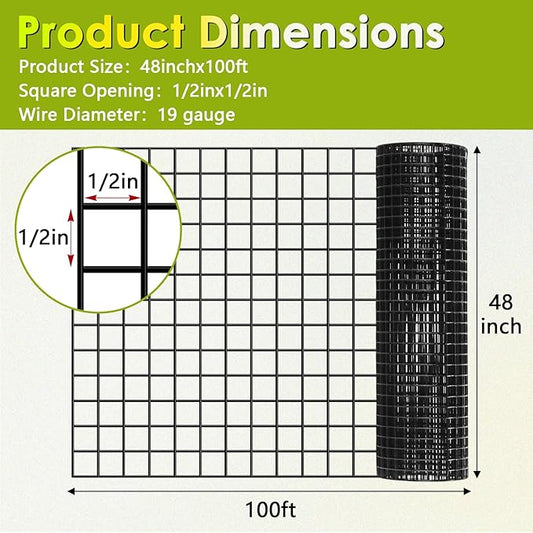 Gbekery Black Hardware Cloth 1/2inch 48in x 100ft 19 Gauge, PVC Coated Galvanized Steel Chicken Wire Fence Roll Garden Plant Welded Metal Wire Fencing Roll, Rabbit Cages Snake Fence, Black