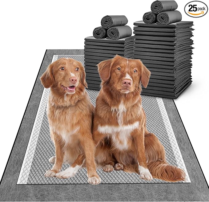 MIZOK 28x44in Carbon Pee Pads for Dogs Extra Long, Charcoal Odor Eliminating Dog Pads Heavy Absorbency for Up to 12 Cups Liquid with Quick Dry & Leak-Proof Disposable (25 Counts)