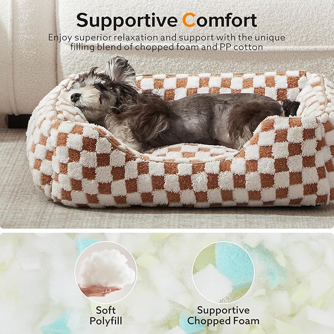 JOEJOY Dog Bed for Large Medium Small Dogs - Rectangle Orthopedic Dog Sofa Bed, Cute Modern Puppy Bed with Jacquard Shaggy Plush & Anti Slip Bottom, 35x25x10inches, Brown