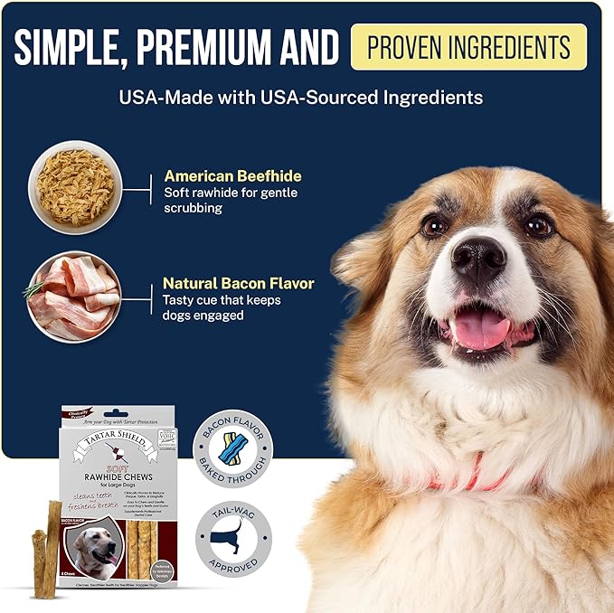 Tartar Shield Soft Rawhide Chews | Safe Dental Treats for Large Dogs | Vet VOHC Approved | Daily Bone Cleans Teeth & Gums Fresh Breath Oral Health Support | USA Made | (Large Dogs / 8 Count)