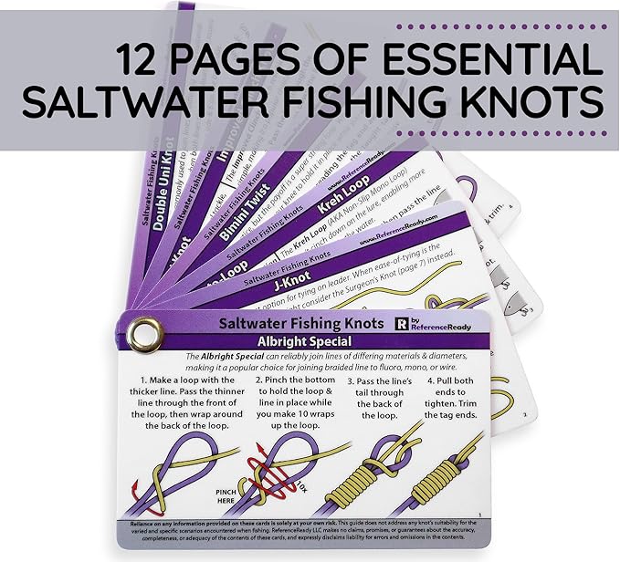 ReferenceReady Saltwater Fishing Knot Cards - Waterproof Pocket Guide to 15 Big Game Fishing Knots | Includes Portable Book of Inshore and Deep Sea Fishing Knots and a Mini Carabiner