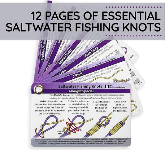 ReferenceReady Saltwater Fishing Knot Cards - Waterproof Pocket Guide to 15 Big Game Fishing Knots | Includes Portable Book of Inshore and Deep Sea Fishing Knots and a Mini Carabiner