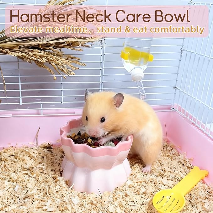 Ceramic Hamster Food Bowl Elevated Hamster Bowl Non-Tip Rat Feeding Dish with Water Bottle for Dwarf Gerbil Mouse Mice Sugar Glider (Pink)
