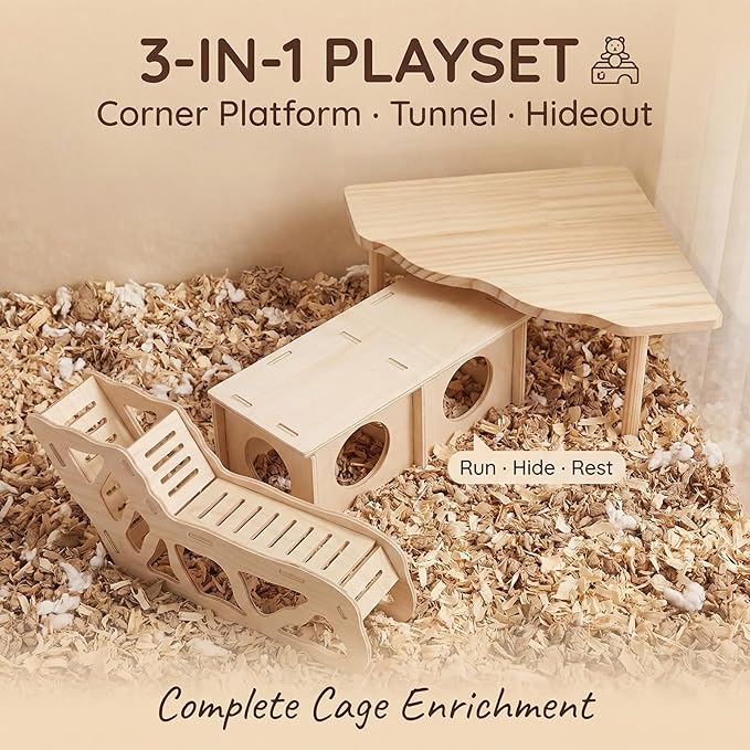 4 PCS Natural Wood Hamster Cage Accessories Set, Multi-Level Habitat Decor with Cloud Hideout, Climbing Ladder & Standing Platforms, Exercise Playground for Syrian Hamsters, Gerbils, Mice (B)
