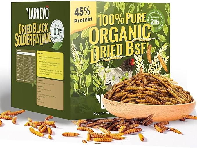 2LB Non-GMO Dried Black Soldier Fly Larvae for Chickens 45% Protein High Calcium Chicken Feed Alternative to Mealworms, Dried BSF Larvae Chicken Treats for Laying Hens Ducks Birds Reptiles