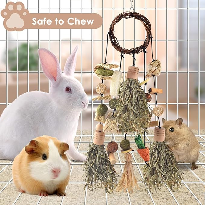 Bissap Rabbit Chew Toy, Bunny Cage Hanging Chewing Toys and Treats Wooden with Snacks for Guinea Pigs Chinchillas Hamsters Rats and Other Small Pets Teeth Grinding (Timothy Hay & Vine)