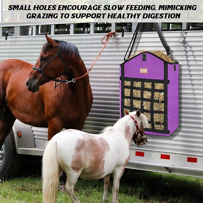 Innovative Hay Bags for Horses, Goat Hay Feeder with Reinforced Oxford Fabric and High Strength Metal Clasp,Horse Feeding Supplies with Adjustable Strap for Easy Hanging (Purple-1pack)