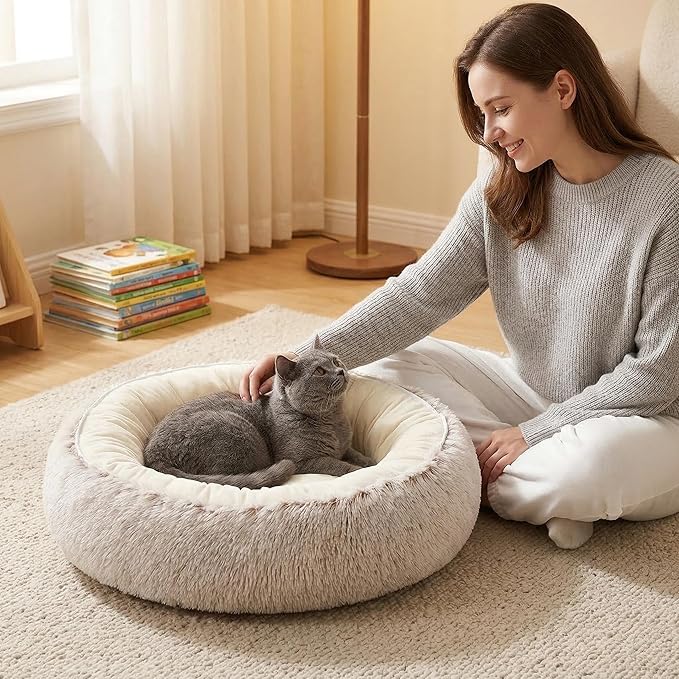 Calming Donut Dog Bed Cat Bed, Fluffy Long Fur Outer & Short Fur Inner, Sweat-Free Cozy Cuddler, Non-Slip Bottom,for Small Medium Dogs Cats Puppy Kitten (Donut Bed - Grey, Medium 19.7 Inches)